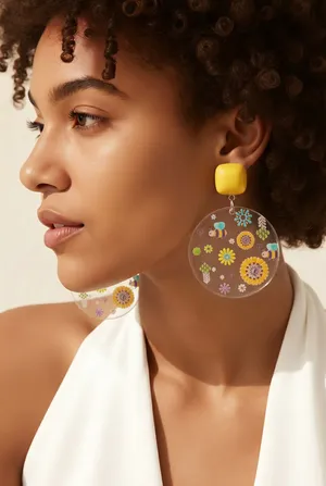 & Other Stories Adorable Daisies and Bumblebee Design Acrylic Drop Pierced Earrings NWT thumbnail 1