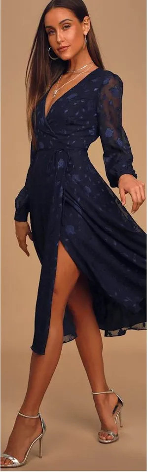Lulus Evening of Elegance Navy Blue Floral Jacquard Wrap Midi Dress Size XL NWT thumbnail 1