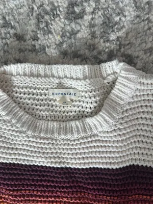 Aeropostale Cream Crewneck Sweater with Burgundy, Orange and Yellow Stripes thumbnail 2
