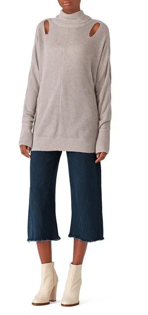 Ella Moss Barley Gray Cut Out Cashmere Blend High Neck Knit Tunic Sweater Size M thumbnail 1