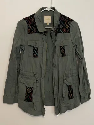 MODCLOTH Keep a Woven Mind Jacket Olive Army Green Multi Aztec Boho Embroidered thumbnail 7