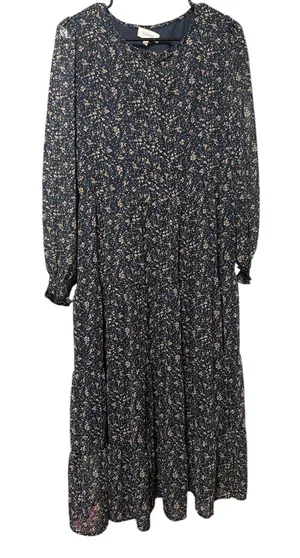 Bohme Navy Blue Floral Tiered Midi Dress Long Sleeve Smocked Cuffs Womens Size M thumbnail 1