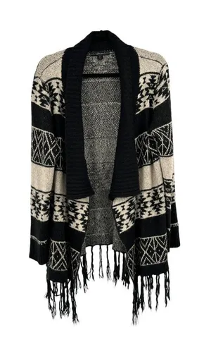 United States Sweaters Black Beige Open Cardigan Large Fringe Hem Aztec Boho thumbnail 1