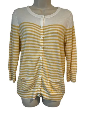 GAP‎ Yellow and White Striped Lightweight 3/4 Sleeve Cardigan Women’s Medium thumbnail 1