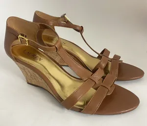 Lauren Ralph Lauren Wedge Sandals Women 10B T Strap Harleen Leather‎ Cork Heels thumbnail 1