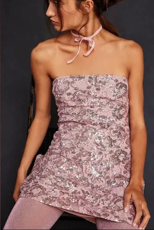 Free People Night Gaze Mini Sequin Fit & Flare Dress Blush Pink large - NWOT thumbnail 1