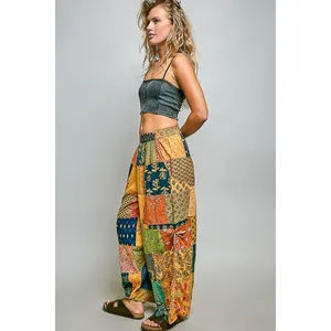 POL Printed Patchwork Wide Leg Pants with Adjustable Side Drawstring -‎ Small thumbnail 4