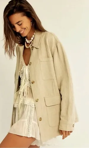 Free People Bohemian LagenLook Lucy Linen Chore Coat Neutral Natural Large thumbnail 1