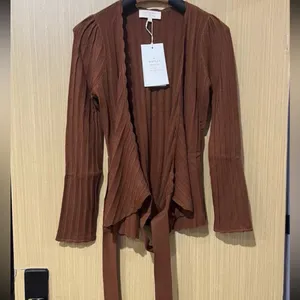 Sezane Brown Ecovero Lenzing Scalloped Knit Solweig Wrap Cardigan Sweater L thumbnail 3