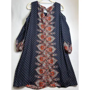AUW Cold Shoulder Shift Dress Size 12 Navy Orange Paisley Boho 3/4 Sleeve 459477 thumbnail 3