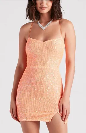 Windsor NWT Dazzle Down Sequin Lace-Up Mini Dress in peach size medium thumbnail 1