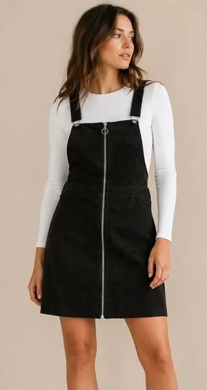 H&M Black Suede Size 8 Medium Zip Front Overall Dress Mini Pinafore NWT thumbnail 1