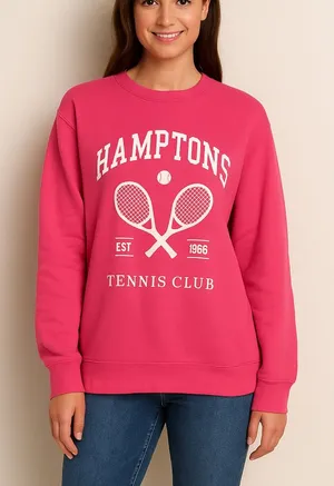 The Hamptons Tennis Pink Fleece Vintage Style Oversized Crewneck Sweatshirt XL thumbnail 1