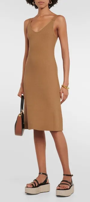 Vince Brown Ribbed Knit V-Neck Midi Dress Sleeveless Small thumbnail 1