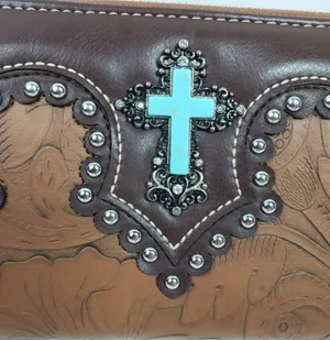 Rustic Couture Studded Turquoise Cross Embossed Western Wallet Clutch thumbnail 2