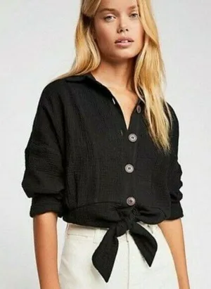 Free People Sunstreaks Tie Front Button Down Blouse in Black XS thumbnail 1