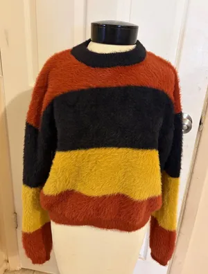 Street Style: Edgy Oversized Striped Fuzzy Crop Sweater thumbnail 1
