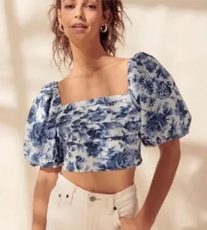 Abercrombie & Fitch Blue Floral‎ Puff Sleeve Crop Top Smocked Pleated L thumbnail 1