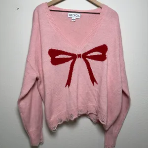Wildfox Women Sweater Large Pink Bow Distressed V-Neck Oversized Pullover thumbnail 1