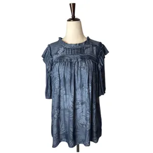 Pookie & Sebastian Shirt Women Large Blue Floral Ruffle Trim Blouse‎ Tropical thumbnail 2