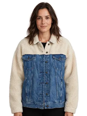 American Eagle Cream Sherpa & Denim Trucker Jacket L  thumbnail 1