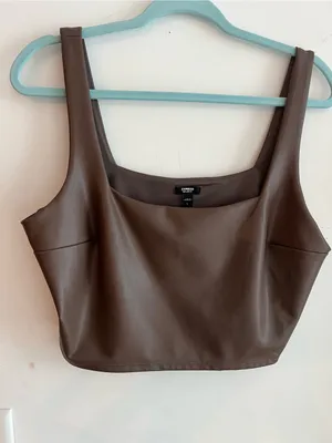 Express Body Contour Faux Leather Square Neck Cropped Tank Top Brown Large thumbnail 2