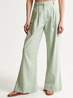 Abercrombie & Fitch A&F Sloane Tailored Linen Blend Wide Leg Pants Green Large thumbnail 1
