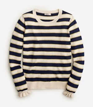 J. Crew EUC Women's Metallic Stripe Merino Wool Ruffle Sleeve Sweater Size L thumbnail 1