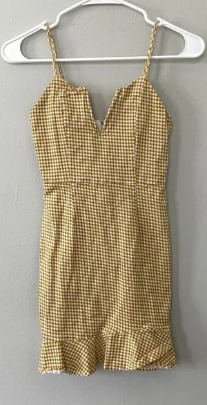 Olive Scent yellow white checkered v-neck summer‎ sundress bodycon women size S thumbnail 1