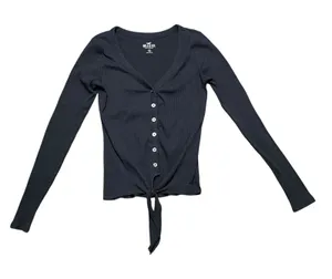 Hollister Black‎ Ribbed V Neck Button Front Tie Waist Long Sleeve Top Medium Y2K thumbnail 1