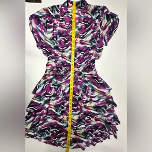 VERTIGO Dress Women’s Size Medium Blouson Flare Tiered Cinched‎ Purple Blue Work thumbnail 5
