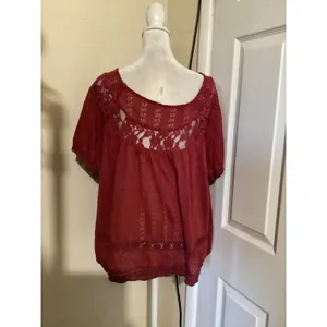 Free People Burgundy Red Lace Inset Open Knit Boho Blouse Top Womens Medium thumbnail 4