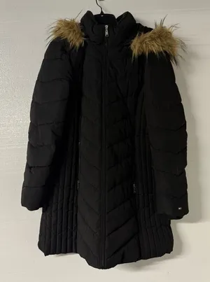 Tommy Hilfiger Coat Puffer Down Women XL Black Full Zip Faux Fur Hooded Long thumbnail 1