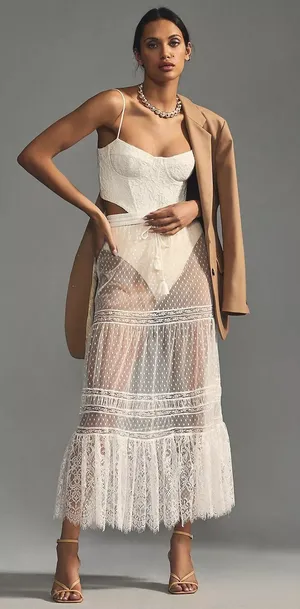 Anthropologie NWT By Sheer Lace Maxi Skirt in Ivory. SIZE Medium. thumbnail 1