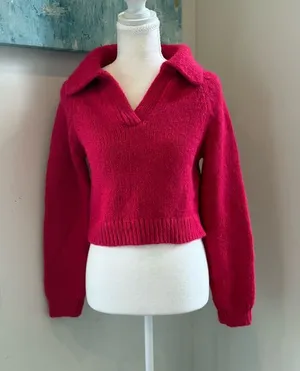 Zara Bright Fuchsia Collared Cropped V-Neck Sweater Size small Barbiecore thumbnail 1