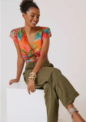 Anthropologie Tropical Floral Knot-Front Crop Top in Coral & Teal thumbnail 1