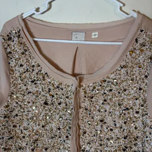 Anthropologie Postmark Paillette Sequin Cardigan Size‎ Large Tan thumbnail 3