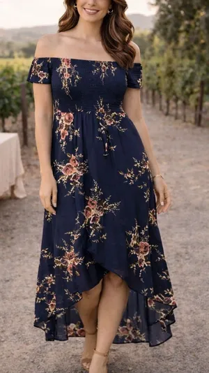 Omonsim Navy Floral Off-Shoulder Maxi Dress | Asymmetrical Hem Boho Romantic thumbnail 1