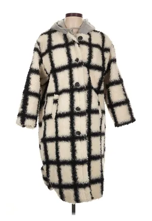 Cream Black Windowpane Sherpa Teddy Coat Gray Hood Longline Oversized Jacket thumbnail 1