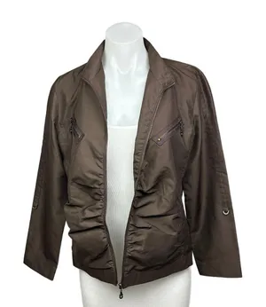 Black Vintage Brown Ruched Zip Up Pockets Collar Flight Utility Bomber Jacket M thumbnail 1