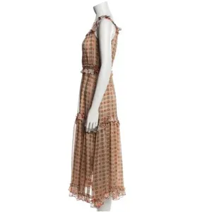 MISA Los Angeles Nita Midi Ruffle Dress in Flora Tile Mix Green and Pink Size M NWT thumbnail 7