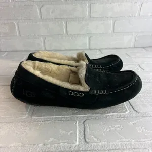 UGG‎ Ansley Moc Slippers Womens 9 Black Suede Sheepskin Slip On Cozy Loafer thumbnail 2