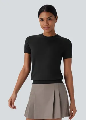 Halara Round Neck Short Sleeve Linen-Feel Sweater – Size Medium – NWT thumbnail 1