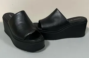 Steve Madden Black ‘Wiindy’ Leather Peep-Toe Open-Toe Chunky Platform Slides Heels Sandals Shoes Size 9 🥀 thumbnail 2