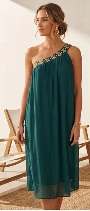 Ever Pretty Emerald Green One Shoulder Beaded Grecian Mini Dress Boho Resort thumbnail 1