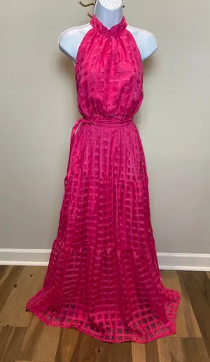 ChicWish Pink Dress with Solid & Sheer Checkered Overlay Halter Ruffle Neck Sz M thumbnail 1