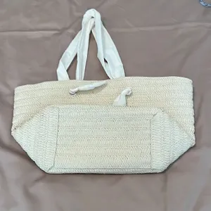 Dezine news inc NWOT straw tote bag with fabric handles 1 small spot on 1 handle thumbnail 3