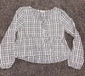 Altar'd State white and black plaid blouse with ruffle details, size S thumbnail 1