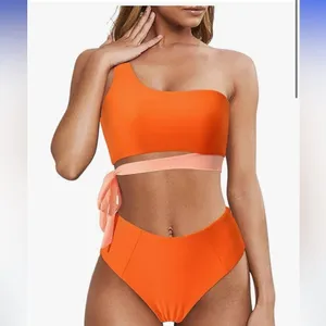 Orange and pink One-Shoulder Bikini Set side tie high waisted bikini thumbnail 2