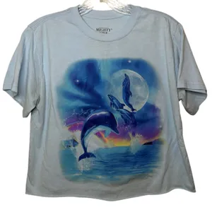 Mighty Fine Dolphin Graphic Tee‎ Blue Ocean Moon Y2K Coastal Top Sz XS Vacation thumbnail 3